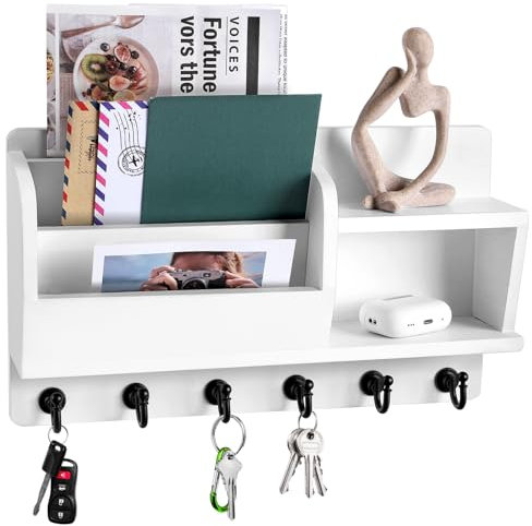 NumRise Key Holder Wall Mount, Key and Mail Holder for Wall with 6 Key Hooks and Double Shelf, Key Rack with 3-Tier Sortable Mail Slots, Key Hanger for Wall for Entryway and Home Decor (White)