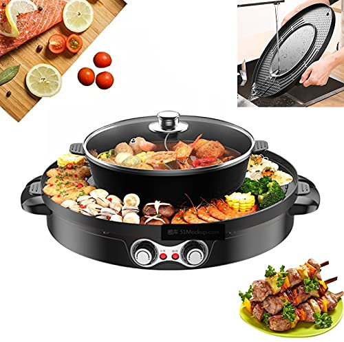 2-i-1 hot pot med grill, elektrisk varmkruka, elektrisk grill, varmpot kastrull och grill, multifunktionell hot pot och BBQ bordsgrill med avtagbar kokplatta, för 3–5 personer, svart