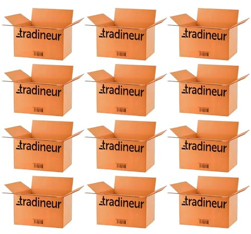 Tradineur - Pack de 12 Cajas de cartón para embalaje - Cartón reforzado, resistente, plegable y reutilizable - Ideal para envíos de paquetes, almacenaje, etc - 30 x 20 x 25 cm