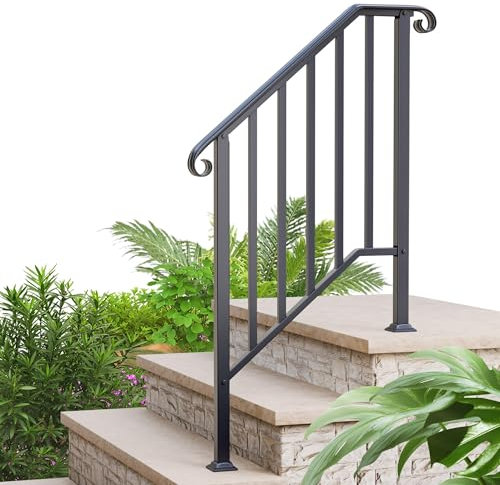 WUDLEP 3-Step Handrails for Outdoor Steps, Outdoor Stair Handrail Fits 1 to 3 Steps, Black Wrought Iron Hand Rail Stair Railing Kit for Concrete Steps or Wooden Stairs with Installation Kit