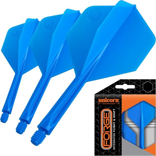Unicorn Forge integrerade dartflyg och axlar | 1 st konstruktion för perfekt 90 grader vinkel | lätt tuff polymer | standard plus form & 2B tråd | medium längd stam 26 mm | blå | set med 3