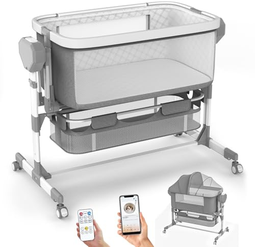 Pionevox Rocking Bassinet for Baby, Electric Bassinet Automatic 5 Rocking Motion Bassinet Bedside Sleeper for Newborn, Auto Rolling Baby Cradle 6 Height Adjustable with 4 Lullabies, Wheels, Storage