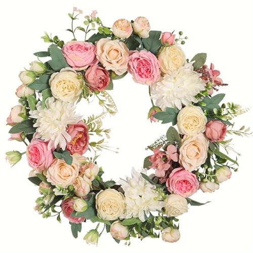 40 cm Wreath for Front Door, Spring Summer Artificial Rose Wreath for Home Wall, Wedding, Festival, Farmhouse Holiday Decor – Elegant Faux Floral Wreath for All Seasons