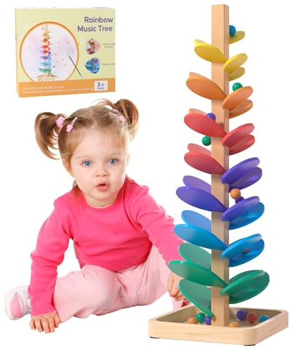 Kugelbahn Holz, Pista biglie Sonora Arcobaleno, Gioco Motricità, Giocattoli educativi per bambini in Legno, incl. 10 biglie, dai 3 anni
