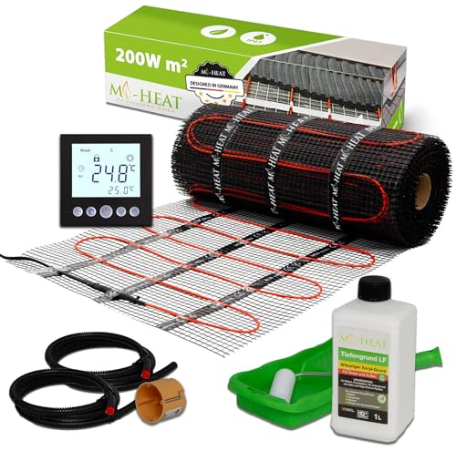 Mi-Heat Elektrische Fußbodenheizung 200W/m² 1,0m² – Dünnbettheizmatte zur Verlegung in Ausgleichsmasse – Set für Fliesen, Vinyl, Parkett & Laminat mit Thermostat C16 Schwarz