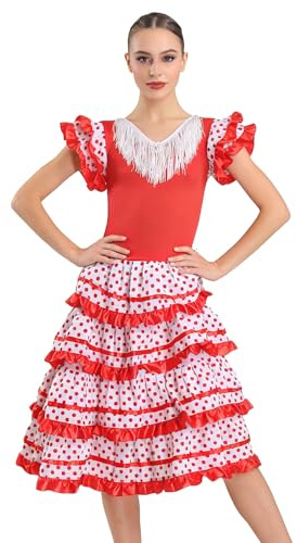 Wildarms Vestido Flamenca Mujer Disfraz Sevillana Traje Andaluz Cordobés con Volantes para Feria de Abril Sevilla Baile Flam - variaciones