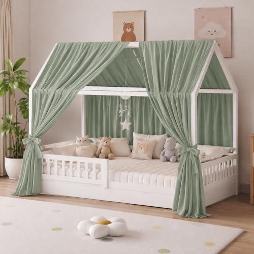 Dosel para cama de casa de 100 % algodón muselina, cortina para cama infantil, cama de casa, decoración para niñas, dosel de tela para cama de casa y cama con dosel (verde, 350 x 135 cm (2 unidades)