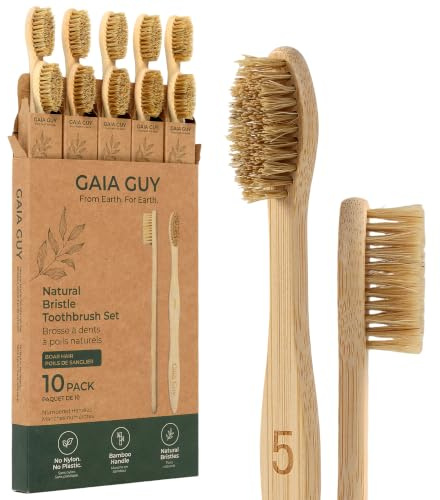 Gaia Guy Cepillos de dientes de bambú con cerdas de jabalí, juego de 10 cepillos de dientes de cerdas naturales, sin plástico y sin nailon, asas de bambú numeradas, cerdas de pelo de jabalí medianas