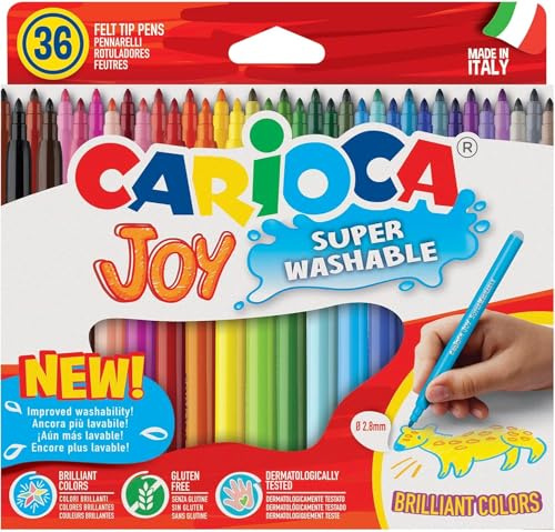 CARIOCA Pennarelli Joy Box, Pennarelli Colorati per Bambini con Punta Fine, Ideali per Disegnare e Colorare, Super Lavabili, Colori Assortiti, 36 pezzi