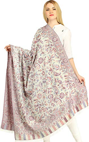 Exotic India Women Reversible Jamawar Wool Shawl Blanket Travel Scarf | Scarves for All Season Beautiful Stole Chunni for Wedding Festival | Size - 79.4 Inch X 42 Inch