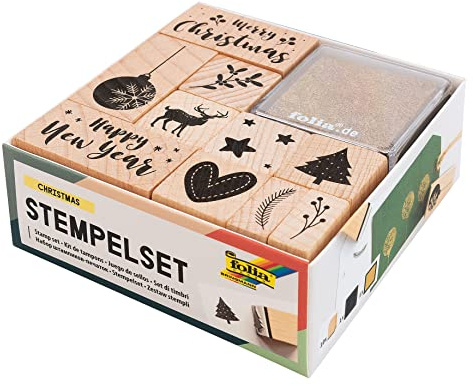 folia 31108 - Holzstempelset Christmas, inklusive 10 Holzstempel und 2 Stempelkissen - ideal zum Verzieren von Karten, Freundschaftsbüchern, für Lettering und Scrapbooking
