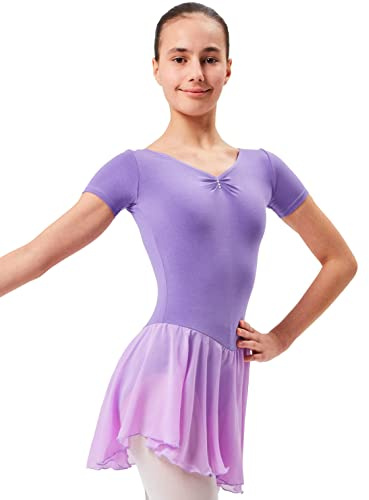 tanzmuster ® Ballettkleid Mädchen Kurzarm - Betty - aus Baumwolle mit Glitzersteinen und Chiffon Röckchen in lavendel, Größe:164/170