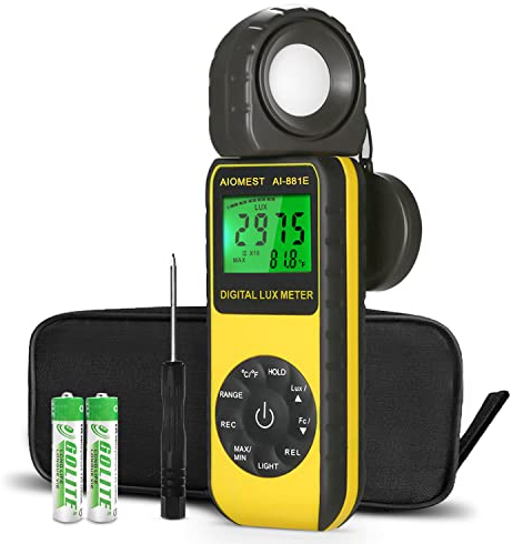 AIOMEST Luxómetro Digital Portátil, Detector Giratorio 270° Medidor de Luz, 0.01~300,000 Lux Medidor de Iluminancia para Luz Crecimiento de Plantas, Exteriores de Interior, Acuario, AI-881E, Amarillo