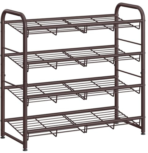 SONGMICS Stackable Shoe Rack, 4 Tier Metal Shoes Rack Storage Shelf, Holds up to 16 Pairs Shoes, Adjustable Slanted Shelves Tower Organizer for Closet Entryway Small Spaces, Bronze