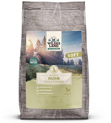 Wildes Land - Halbfeuchtes Trockenfutter für Hunde - Puppy Huhn - 5 kg - Soft mit Reis und Wildkräutern - Glutenfrei - Extra viel Fleisch - Für alle Hunderassen - Beste Akzeptanz