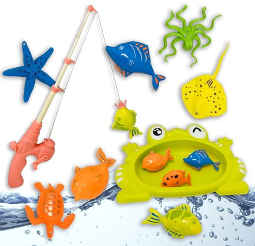 COO11 11Pcs Baby Bath Toys Fishing Game Set. Kids Paddling Pool Toys Magnetic Fishing Set with Fishing Rod, Pool, Turtle, Fishes for Girls and Boys Ages 3+ Years