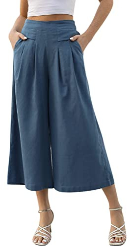 Onsoyours Pantalons Femme Fluide Large Grande Taille Eté Décontractée Pantacourt 7/8 Taille Élastique Jupe-Culotte Fluide Pantalon Ample Léger Chic avec Poches Sport Yoga A BleuClair XL
