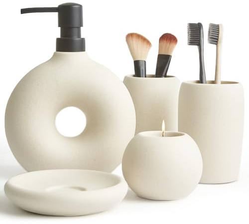 Terramoza Ceramic Bathroom Accessory Set, 5 Pcs - Soap Dispenser 16 Oz, Toothbrush Cup, Toothbrush Holder, Soap Dish, Candle Holder - Beige, Boho Bathroom Sink Decor, Modern Countertop Accessories