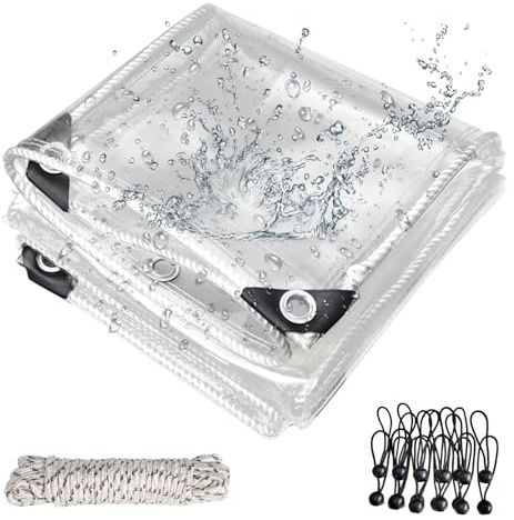 Telone trasparente con occhielli per esterni, OKYUK 420 g/m² PVC trasparente, con 20 fascette per cavi, 12 elastici con sfere, corda di fissaggio da 10 m, adatto per gazebo, terrazze (3M x 5M