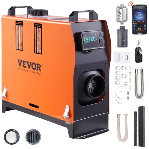 VEVOR Chauffage Diesel Tout-en-Un Portable 12 V 5-8 kW 0,16-0,62 L/h Réchauffeur d'Air Diesel 8-36 ℃ Réglable 20-25 m² Contrôle Intelligente LCD Bluetooth Télécommande Réservoir 5 L pour Bateau Auto
