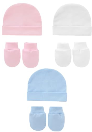 Snegyu Gorro de hospital para recién nacido de algodón, juego de gorra y manoplas antiarañazos para bebés de 0-3/0-6 meses, niños y niñas, esenciales, gorro de bebé, gorros y guantes de bebé, 6 piezas