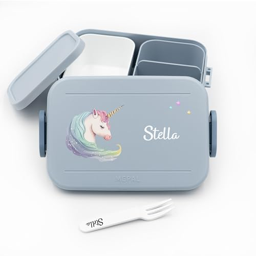 Geschenkfreude Personalisierte Brotdose Kinder Einhorn für Mepal - Lunchbox Kinder mit Trennwand Name, Kindergarten, Schule - Alles für den Schulanfang - Einhorn Brotdose mit Namen