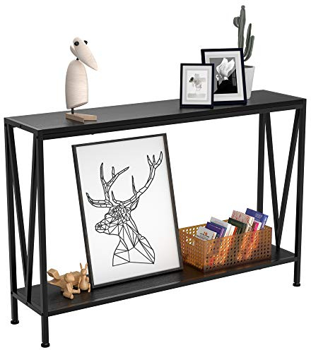 HAUSPROFI Mesa consola estrecha, 110 x 25 x 76 cm, mesa consola de madera con espacio de almacenamiento, estantería de madera y marco de metal – 2 niveles, mesa de pasillo estrecha para la entrada, el