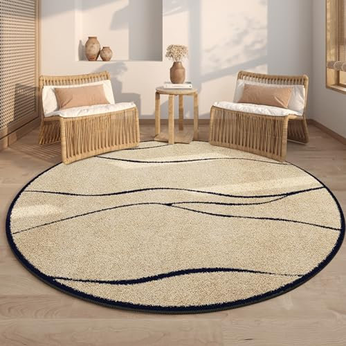 Freyamy Teppich Rund 120cm Khaki Schwarz Streifen Linie Teppiche Modern Designer für Wohnzimmer Outdoor Teppich Rund Dekorative Schlafzimmer Kurzer Plüsch Terrassen Runder Haustierteppich