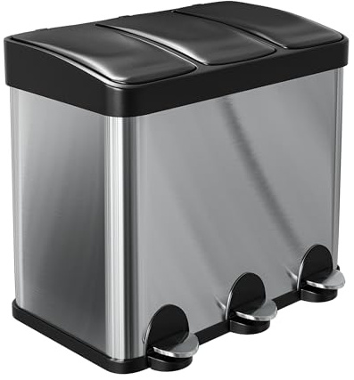 Amig - Pattumiera tripla con pedali 45 litri Mod. RECIK3-3 scomparti estraibili da 15 litri - Pattumiera per raccolta differenziata da cucina - Acciaio inox - Dimensioni: 60 x 37 x 49 cm - Argento