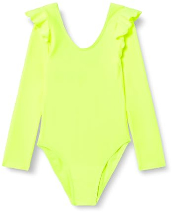 Alta presión Traje de baño de una Pieza de Manga Larga Liso Amarillo neón niños bebé niña, Amarillo Fluorescente, 6 años
