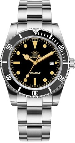 ADDIESDIVE AD2072 Montre analogique pour Hommes, Montre de plongée à Quartz, Lunette en céramique, Bracelet en Acier Inoxydable, 39 mm, étanche à 200 mètres, Ad2072 - Noir, Style Vintage