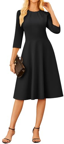 Grace Karin Femme Élégante Robe Longue à Manches 3/4 Robes Décontractées Col Rond Coupe A Midi, Noir , S