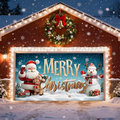 Corlidea Decorazione per Porta di Garage di Natale, Banner di Natale per Porta di Garage, Buoni Natali Murali, Babbo Natale, Pupazzo di Neve, Alci, Sfondi per Garage, Natale Invernale per Muro Esterno