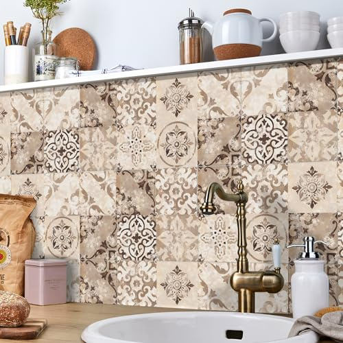Ntrniva Victorian Tile Stickers 15x15cm (24pcs) Cream Peel and Stick Wall Tiles for Kitchen Bathroom Self Adhesive Tile Covers for Fireplace Surround Waterproof Stick on Vinyl Transfers (6 * 6 inch)