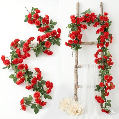 Qivra 2 Pezzi Ghirlanda di Fiori Artificiali Bianchi, 1,8 Metri Rose Artificiali Realistiche, 138 Rose Ghirlanda Floreale Rossa per Decorazione di Matrimoni, Tavolo, Feste, Giardino