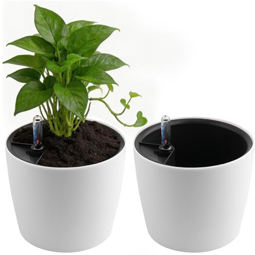 HONYUET Set di 2 Vasi Autoirriganti Rotondi 18 cm, Plastica PP Bianca, con Serbatoio d'Acqua e Indicatore di Livello, per Piante da Interno ed Esterno