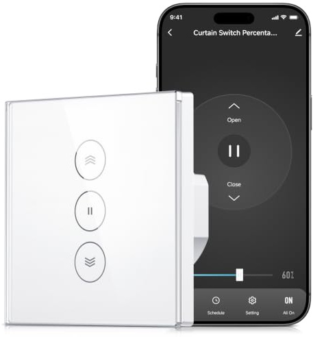 Interruptor Persiana WiFi para Cortina Inteligente, Control de Porcentaje, Temporizador Domótico Compatible con Alexa y Google Home, Panel de Vidrio Táctil, Requiere Hilo Neutro, 1 Pack