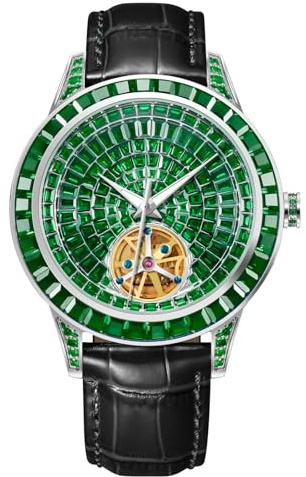 P PINDUER Strassverzierte Herrenuhr Automatik, Lederarmband Automatik Uhr Herren, Hochwertige Uhren Herren mit Glänzendem Strass Design, Automatikuhr Herren (5037-Green)