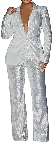 Generisch Survêtement pour femme - Blazer avec paillettes - Pantalon 2 pièces - Veste de costume pour femme - Ensemble élégant - Manteau de loisirs - Coupe ajustée - Streetwear