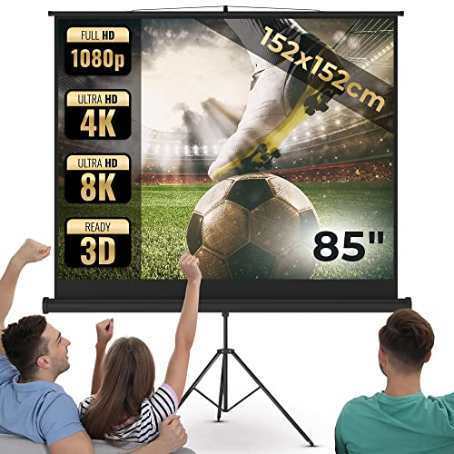 Jago® Leinwand Beamer - 1:1, 4:3, 16:9, HD 4K 3D, Rollo, Manuell Ausziehbar, Gain 1,0 - Beamerleinwand, Projector Screen, Projektionsleinwand, Rolloleinwand, Heimkino (152x152 cm - 85, mit stativ)