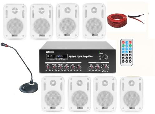 IMPIANTO AUDIO FILODIFFUSIONE+8 Altoparlanti Parete+Bluetooth+100Mt Cavo +Microfono (Con Casse Bianche)