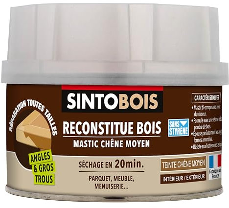 SINTO Reconstitue Bois Angles & Gros Tous Chêne Moyen - 190G - Idéal pour Reconstituer, Réparer et Reboucher une Partie Manquante sur du Bois
