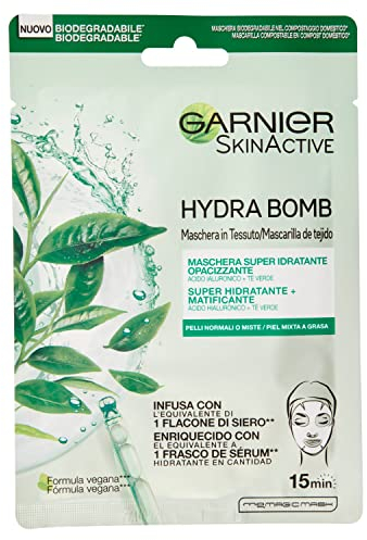 Garnier SkinActive Hydra Bomb Maschera Viso in Tessuto Super Idratante Opacizzante per Pelli Miste o Grasse, 32 gr