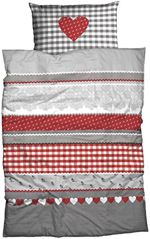 CASATEX Bettwäsche Herz Karo Silber Rot Grau Biber Kariert Romantik Blumen Gestreift Streifen Landhaus Winter, Größe:155 cm x 220 cm