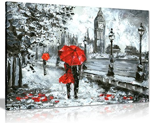 Oil Painting Street View Of London Artwork Black White And Red Big Ben Canvas Wall Art Picture Print (18X12)
