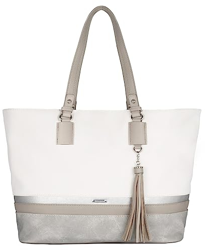 David Jones - Damen Tote Shopper Große Kapazitat - Schultertasche Weiche Leinwand Lange Henkel - Frau Mehrfarbig Gestreift Tragetasche - Shopping Handtasche A4 Arbeit Reise Schule Tasche - Weiß