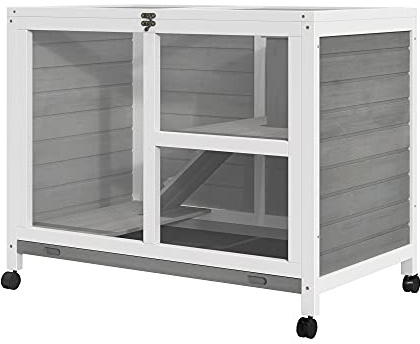 PawHut Conigliera in Legno a 2 Livelli con Casetta per Conigli e Porcellini d'India, Gabbia per Conigli con Rampa e Vassoio Estraibile, 91.5x53.3x73cm, Grigio