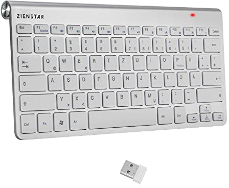 Zienstar-Mini Kabellose Tastatur (Deutsches QWERTZ) mit 2.4Ghz USB-Empfänger für Computer,Laptop (Silber)
