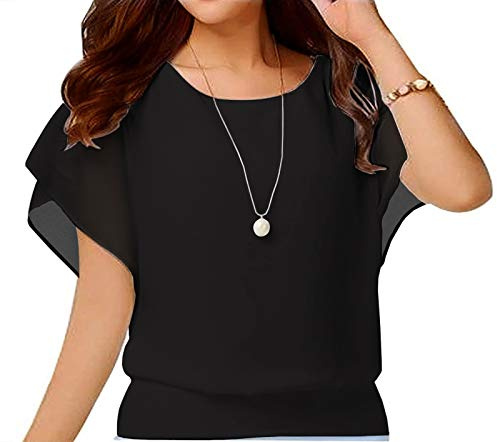 Yommay Sommarblusar för kvinnor eleganta avslappnade chiffongblusar damer toppar kortärmad T-shirts, Svart, XXL