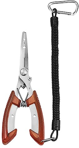 Fishing Plier Hook Remover Tool, Stainless Steel Split Ring Pliers with Lanyard for Freshwater Saltwater Brown